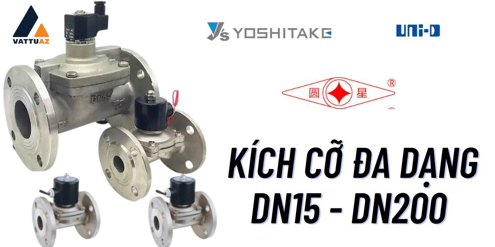 Kích cỡ van điện từ mặt bích rộng từ DN15 - DN200