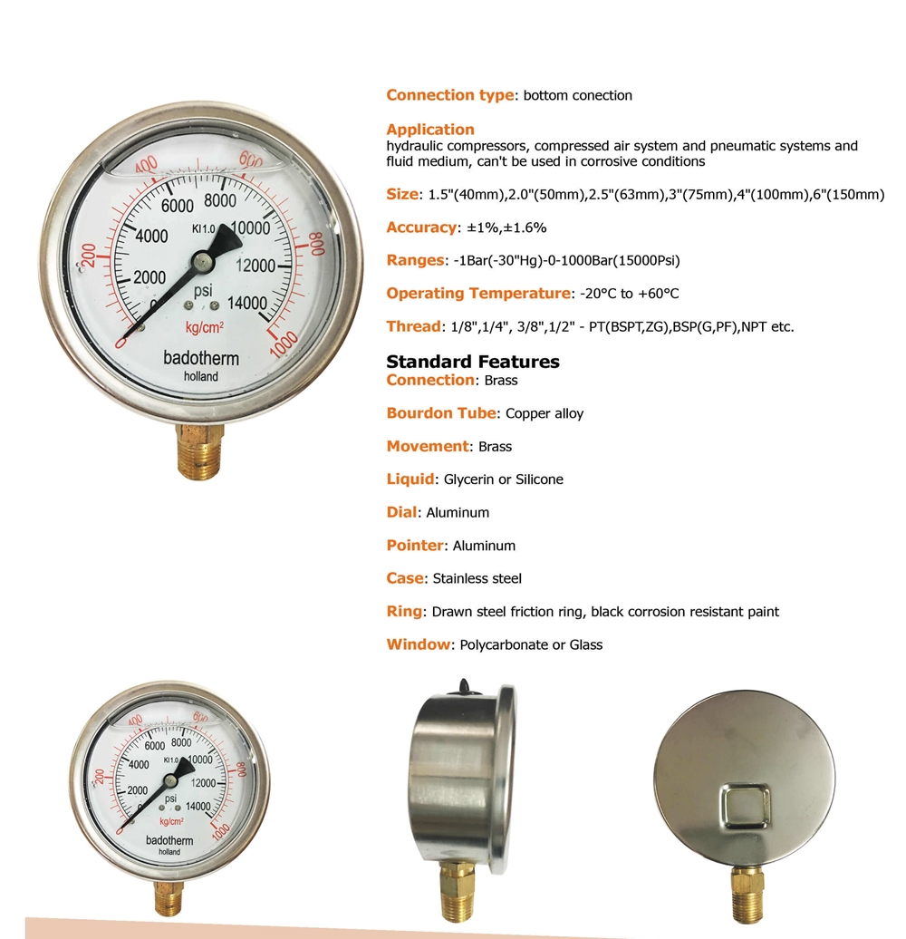 Thông số kỹ thuật của đồng hồ áp suất Badotherm Holland