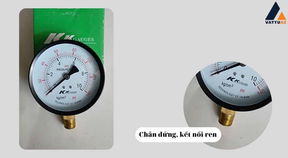 Đồng hồ áp suất KK Gauges vỏ nhôm chân đồng sử dụng kiểu kết nối nào?