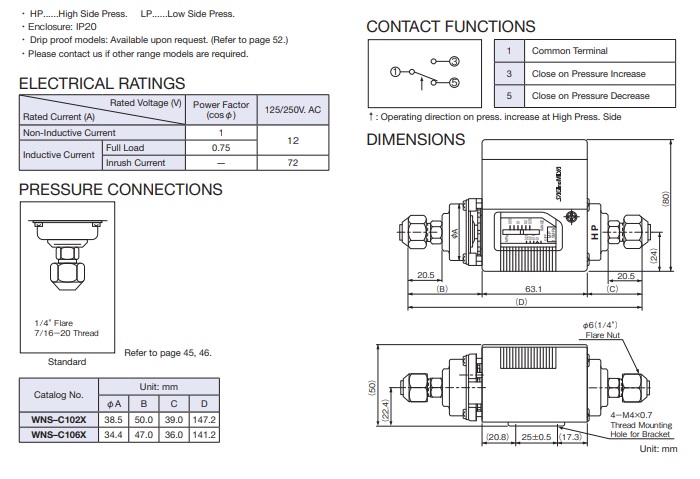 Cataloge Công tắc áp suất Saginomiya WNS-C106X
